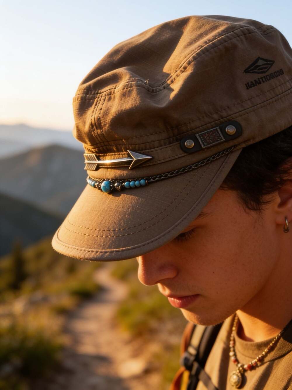 Vintage Military Cadet Hat with Arrow and Turquoise Bead Accent Beige